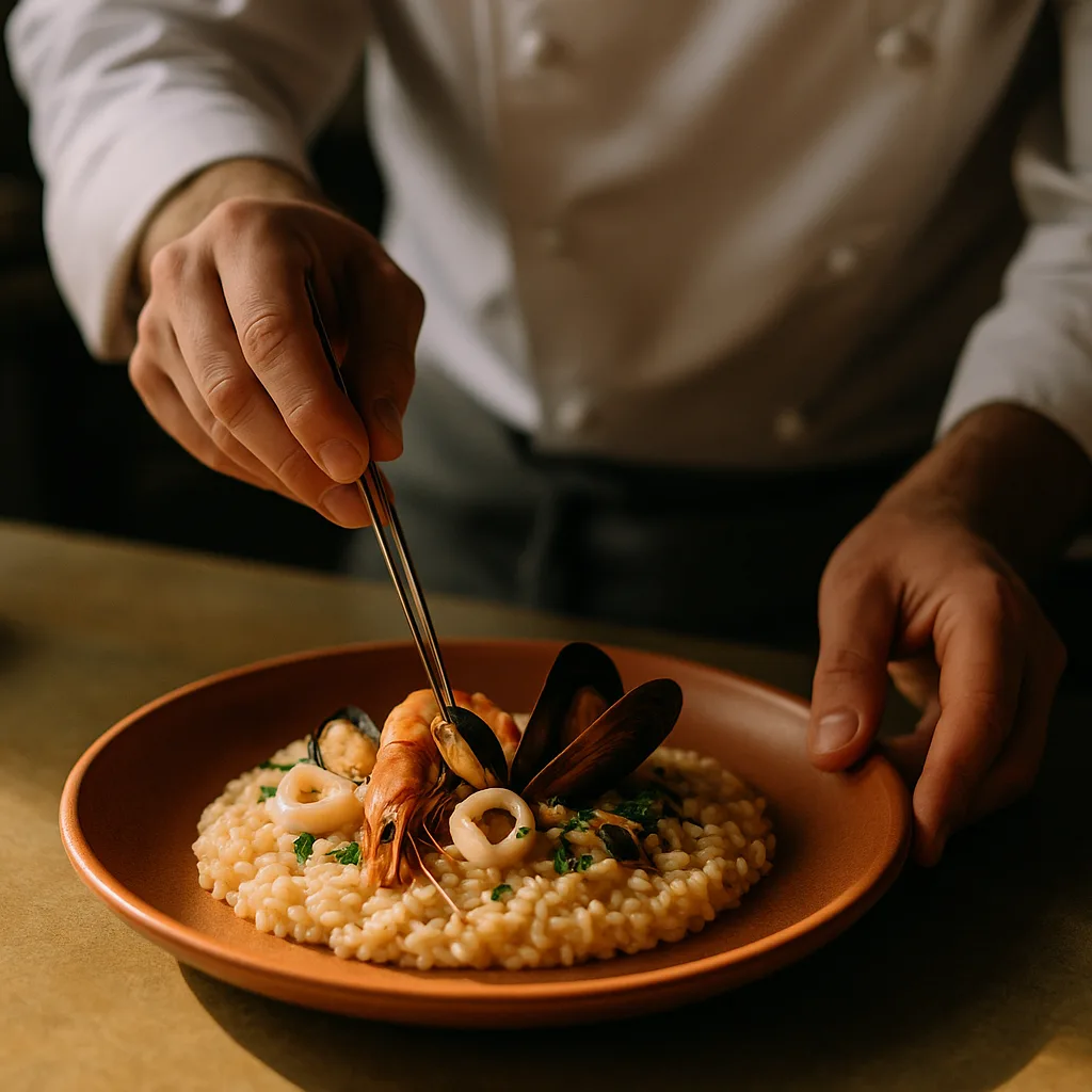 Lo chef impiatta un risotto ai frutti di mare