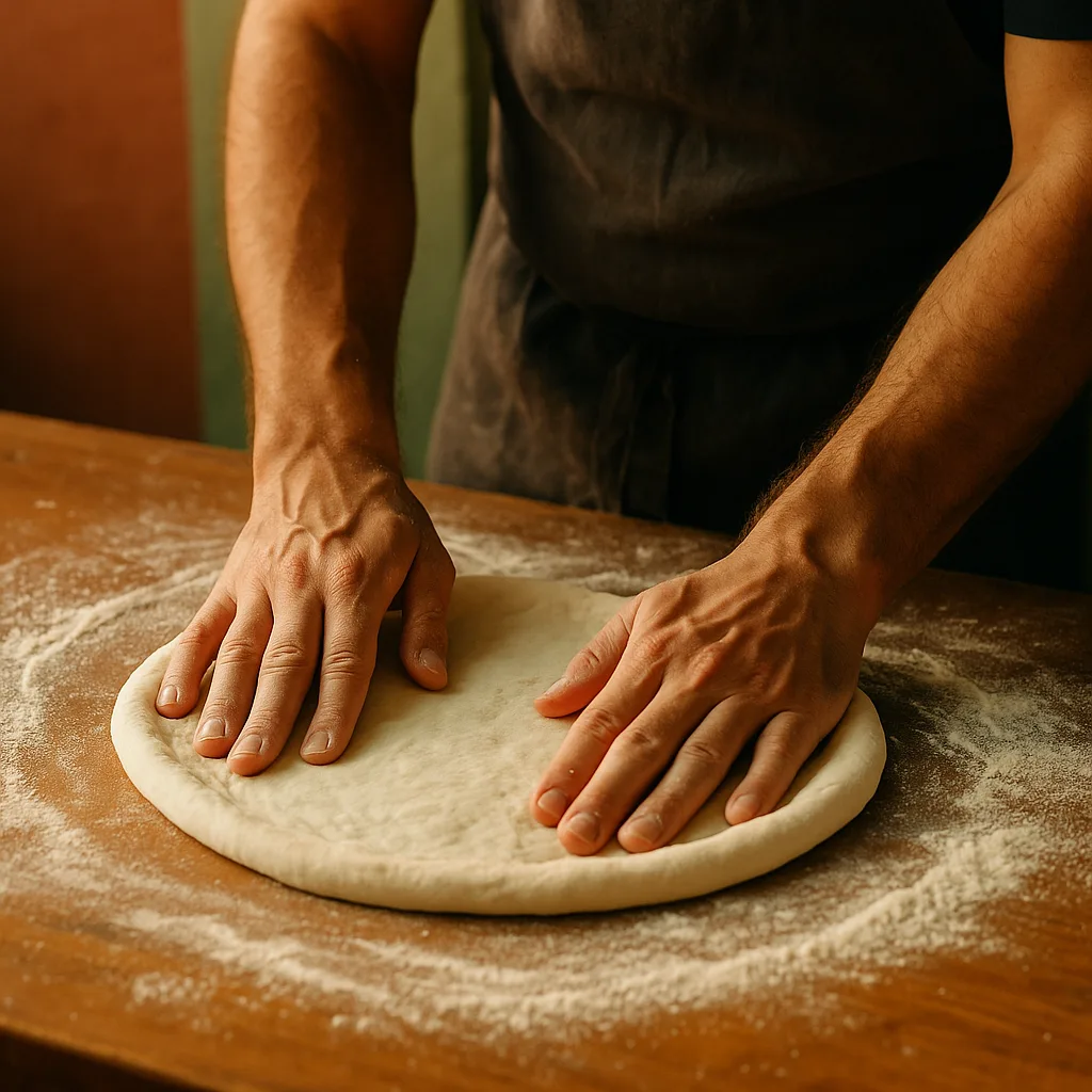 Il pizzaiolo stende l'impasto